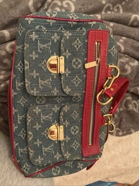 Louis Vuitton Blue Denim Monogram Shoulder Bag with Red Trim